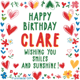 A colorful animated card for Clare’s birthday featuring playful hearts, cheerful flowers, and a handwritten message wishing smiles and sunshine.