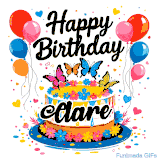 An animated birthday card for Clare. It features a festive cake with her name, 'Clare', and colorful butterflies. Floating balloons and hearts complete the joyful scene.