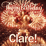 A crimson gift box decorated with a golden ribbon bow and a bundle of shiny red and gold balloons for Clares birthday.