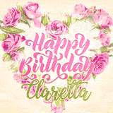 A stunning heart made of pink roses surrounds the elegant script text 'Happy Birthday Claretta' on a soft beige background. Animated sparkles add a magical and festive feel.