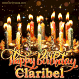 A glowing personalized birthday GIF with name Claribel featuring lit candles with intricate designs, warm lighting, and the text 'Happy Birthday' in an elegant font.