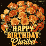 Animated bouquet of orange roses with moving butterfles and golden 'Happy Birthday Claribel' text, surrounded by sparkling accents and a dark backdrop for a luxurious feel.