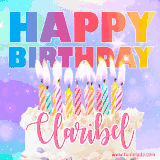 A vibrant animated name GIF with the words 'Happy Birthday Claribel' with colorful candles on a creamy cake. The background sparkles with pastel shades, adding a festive touch.