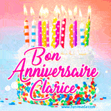 A white birthday cake covered in colorful sprinkles, topped with bright candles, and French text 'Bon Anniversaire Clarice' on a pastel gradient background in an animated GIF.