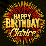 Golden 'Happy Birthday Clarice' text accompanied by animated rainbow fireworks for a festive animated greeting.