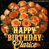 Animated bouquet of orange roses with moving butterfles and golden 'Happy Birthday Clarice' text, surrounded by sparkling accents and a dark backdrop for a luxurious feel.