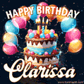 Hand-drawn happy birthday cake adorned with an arch of colorful balloons - name GIF for Clarissa