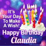 A colorful birthday GIF for Claudia featuring a cupcake with vibrant lit candles and the text 'It's Your Day to Make a Wish! Happy Birthday Claudia' in bold letters on a festive purple background.