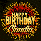 Golden 'Happy Birthday Claudia' text accompanied by animated rainbow fireworks for a festive animated greeting.