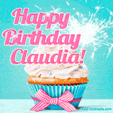 A festive cupcake with pink icing, a gingham bow, and a lit animated sparkler, paired with 'Happy Birthday Claudia!' in bright pink text.