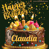 A delightful chocolate birthday cake with bright candles and 'Happy Birthday Claudia' written in gold amidst a shower of animated stars.