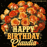 Animated bouquet of orange roses with moving butterfles and golden 'Happy Birthday Claudia' text, surrounded by sparkling accents and a dark backdrop for a luxurious feel.