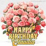 Golden 'Happy Birthday Claudia' text beneath a vibrant bouquet of orange roses, complete with glittering butterflies and sparkling details.