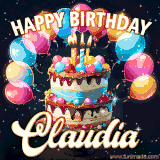 Bright birthday animation for Claudia with a chocolate cake, candles, balloons, and glowing celebratory lights.