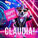 Animated GIF of a cool dog wearing a suit and sunglasses, holding a 'Happy Birthday' sign for Claudia, set against a bright and colorful neon party background.