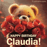 Cinematic style cute animated teddy bear with charming features holding a large bouquet of red roses, the words say 'Happy Birthday Claudia' in sans serif font.