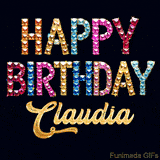 Vibrant luxury birthday greeting card for Claudia, showing glittering gemstone letters and golden calligraphy on a dark background with twinkling shine effects.