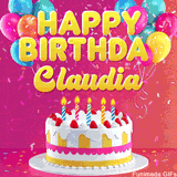 Pink-themed animated greeting with balloons, confetti, and a frosted cake under the message 'Happy Birthday Claudia' in bold rounded yellow font.