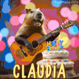 Animated birthday GIF showing a capybara playing guitar and singing beside a birthday cake with the name Claudia in large letters and colorful bokeh lights in the background.