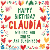 A colorful animated card for Claudia’s birthday featuring playful hearts, cheerful flowers, and a handwritten message wishing smiles and sunshine.