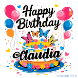 An animated birthday card for Claudia. It features a festive cake with her name, 'Claudia', and colorful butterflies. Floating balloons and hearts complete the joyful scene.
