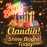 Flickering candles of different colors on top of a chocolate glaze cake with Claudia's name in elegant writing.