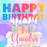 A vibrant animated name GIF with the words 'Happy Birthday Claudia' with colorful candles on a creamy cake. The background sparkles with pastel shades, adding a festive touch.