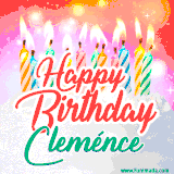 Bright birthday candles with rainbow flames on a cake, alongside the text 'Happy Birthday Cleménce' in vibrant script in this celebratory animated GIF.
