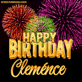 A golden 'Happy Birthday Cleménce' message with vibrant fireworks in the background, creating a festive and celebratory vibe in this animated name GIF.