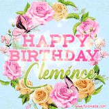 A charming animated GIF featuring 'Happy Birthday Cleménce' in pink and green text, surrounded by delicate roses, leaves, and fluttering butterflies on a soft light blue pastel background.