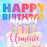 A vibrant animated name GIF with the words 'Happy Birthday Cleménce' with colorful candles on a creamy cake. The background sparkles with pastel shades, adding a festive touch.