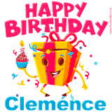 A vibrant and funny gift box character with a happy face dancing with a cupcake and the text 'Happy Birthday Cleménce,' surrounded by animated confetti and party vibes.