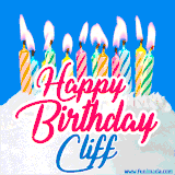 A cheerful animated GIF featuring colorful lit birthday candles on a white cake, with the text 'Happy Birthday Cliff' in bold red and blue script on a bright blue background.