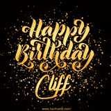 Animated GIF with colorful, festive 'Happy Birthday Cliff' text decorated with patterns, a party hat, and falling confetti. A vibrant and cheerful design for birthday celebrations.