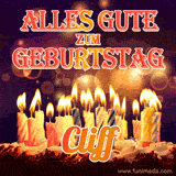 An animated GIF featuring 'Alles Gute Zum Geburtstag Cliff' in glowing red and gold letters above a cake with colorful lit candles, set against a festive sparkling background.