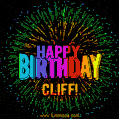 A colorful animated GIF featuring the text 'Happy Birthday Cliff!' in rainbow colors with a dynamic iridescent firework display in the background.