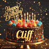 Elegant birthday GIF showing a rich chocolate cake on a gold stand, topped with colorful icing and lit candles for Cliff.
