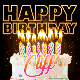 A vibrant animated GIF featuring a delicious birthday cake topped with glowing candles and the name 'Cliff' in elegant script, and the words 'Happy Birthday' on the black background.