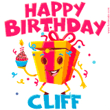A funny animated birthday GIF with the words 'Happy Birthday Cliffa', colorful gift box with arms and legs, holding a cupcake with a lit candle  with confetti everywhere.