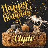 Animated GIF featuring the text 'Happy Birthday Clyde' written in glittering gold above the luxurious chocolate birthday cake adorned with truffles, gold stars, and sparklers.