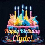 A vibrant animated GIF featuring a colorful rotating birthday cake with bright frosting swirls, glowing candles, and the text 'Happy Birthday Clyde!' in rainbow colors.