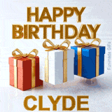 Premium 3D golden typography spelling Happy Birthday Clyde hovering over three elegantly wrapped gift boxes in red, white, and blue colors