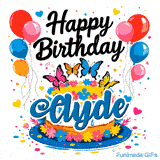 A personalized birthday cake with white icing, bright flowers, and colorful balloon bundles for Clyde's celebration.
