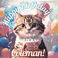 Happy birthday gif for Coleman with cat and cake