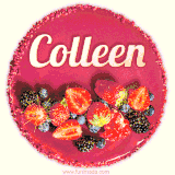 Beautifully decorated red velvet berry birthday cake with vibrant fruits and a glowing 'Colleen' name, adding a touch of sweetness and sparkle.