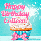 A festive cupcake with pink icing, a gingham bow, and a lit animated sparkler, paired with 'Happy Birthday Colleen!' in bright pink text.