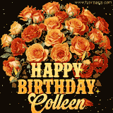 Animated bouquet of orange roses with moving butterfles and golden 'Happy Birthday Colleen' text, surrounded by sparkling accents and a dark backdrop for a luxurious feel.