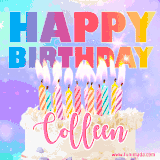 A vibrant animated name GIF with the words 'Happy Birthday Colleen' with colorful candles on a creamy cake. The background sparkles with pastel shades, adding a festive touch.
