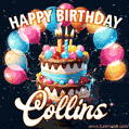 Hand-drawn happy birthday cake adorned with an arch of colorful balloons - name GIF for Collins