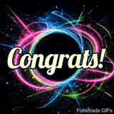 Modern congratulatory card showing an abstract portal illuminated by glowing laser streaks, surrounded by a spectacular burst of shimmering particles.